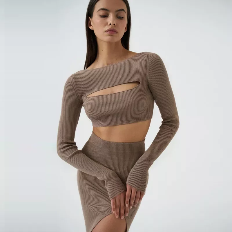 Ribbed Knitted Cropped Top High-Waist Hem Split Mini Skirt 2 Piece Set Women Long Sleeve Hollow-out T-shirt Streetwear Outfits
Ribbed Knitted Cropped Top High-Waist Hem Split Mini Skirt 2 Piece Set Women Long Sleeve Hollow-out T-shirt Streetwear Outfits