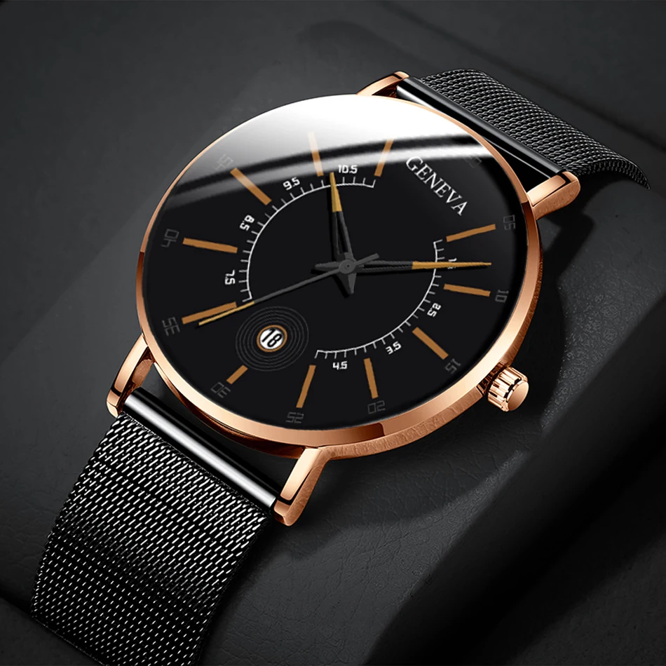 

2022 Geneva Watch Men Business Watches Balck Stainless Steel Mesh Band Calendar Quartz Watch Relogio Masculino Reloj Hombre