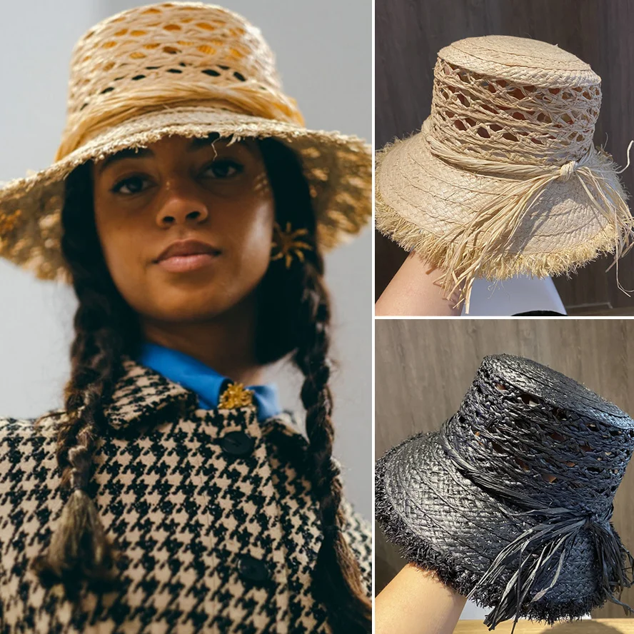 

Модная летняя шляпа от солнца из натуральной рафии для женщин, стильная Панама с отверстиями, женская пляжная шляпа ручной работы с широкими полями, соломенная Федора