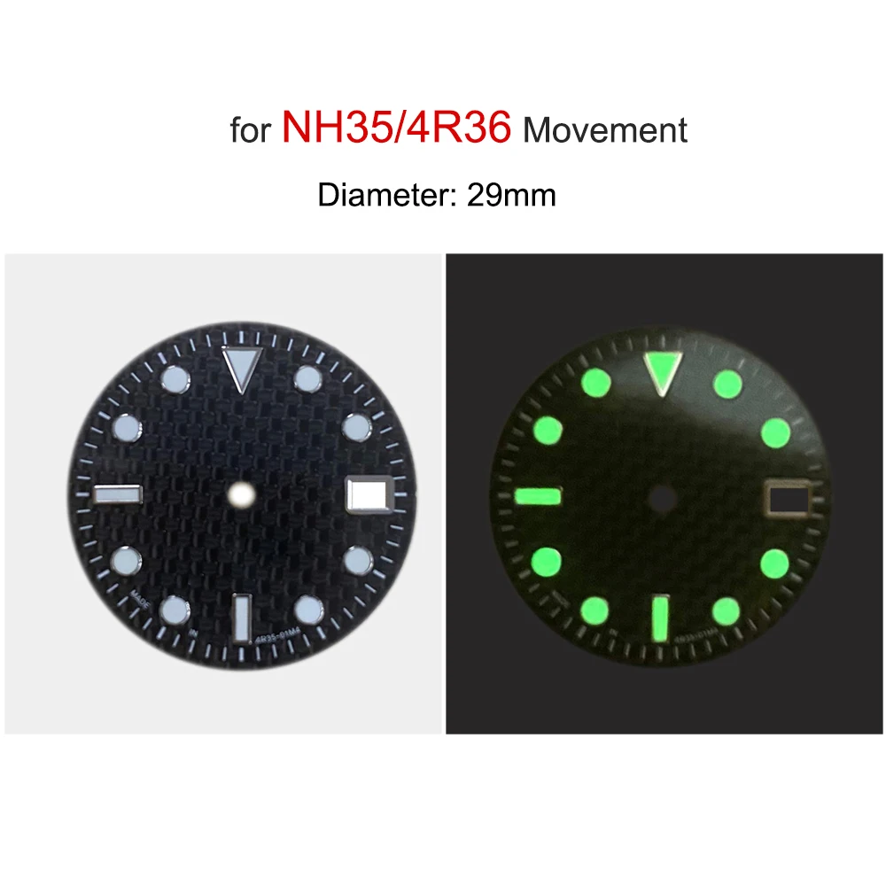 29mm Green Luminous Watch Dial for NH35/4R36 Movement Modified Part Carbon Fibre Dials Replacement Watches Accessories
29mm Green Luminous Watch Dial for NH35/4R36 Movement Modified Part Carbon Fibre Dials Replacement Watches Accessories