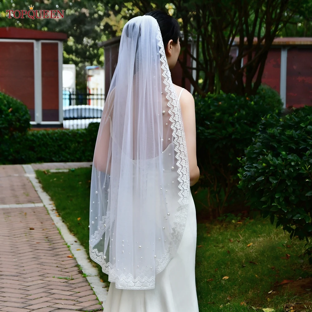 Фата свадебная TOPQUEEN V168 с короткими кружевными краями, фата невесты с жемчугом, тактический аксессуар на палец