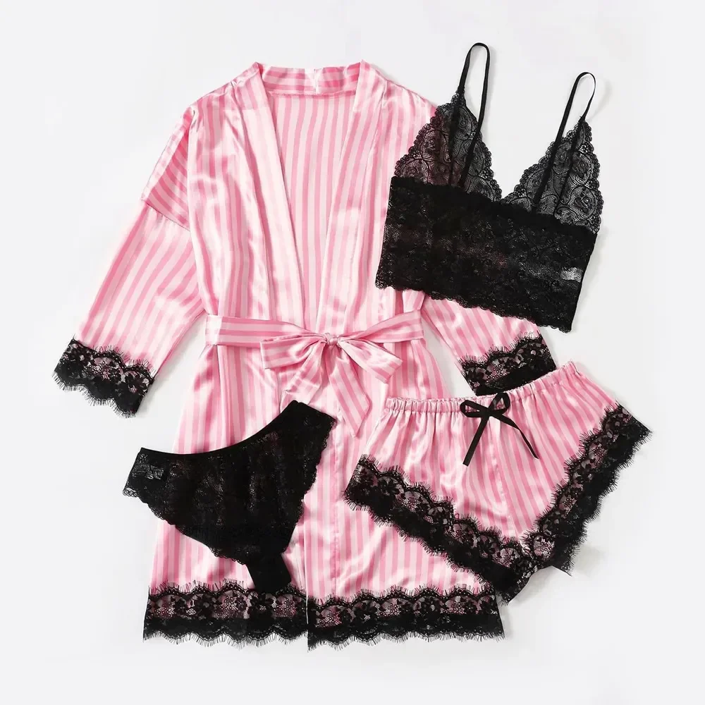 Sleepwear 4pcs Floral Lace Trim Satin Pajamas Set with Robe Sexy Faux Silk Pijamas Robe Sets Casual Home Clothes Nightwear
Sleepwear 4pcs Floral Lace Trim Satin Pajamas Set with Robe Sexy Faux Silk Pijamas Robe Sets Casual Home Clothes Nightwear