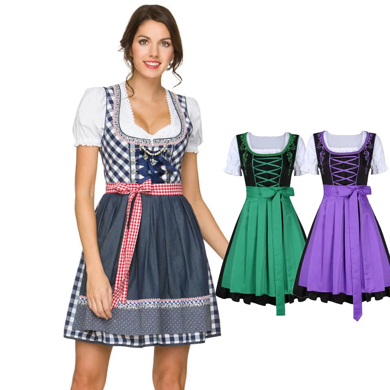

Multiple Color Lady Dirndl Oktoberfest Costume Alps Tavern Wench Waiter Plaid Outfit Cosplay Carnival Fancy Party Dress