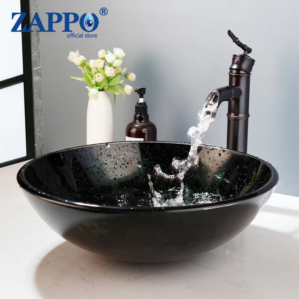 

ZAPPO Black Green Bathroom Washbasin Sink Round Tempered Glass Vessel Sink Faucet Combo Bathroom Glass Basin Waterfall Mixer Tap