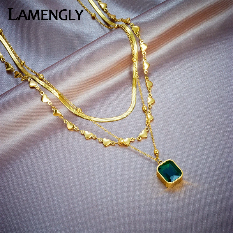 LAMENGLY 316L Stainless Steel Square Green Zircon Pendant Necklace For Women Girl New Trend Multilayer Chains Jewelry Gift Party
LAMENGLY 316L Stainless Steel Square Green Zircon Pendant Necklace For Women Girl New Trend Multilayer Chains Jewelry Gift Party