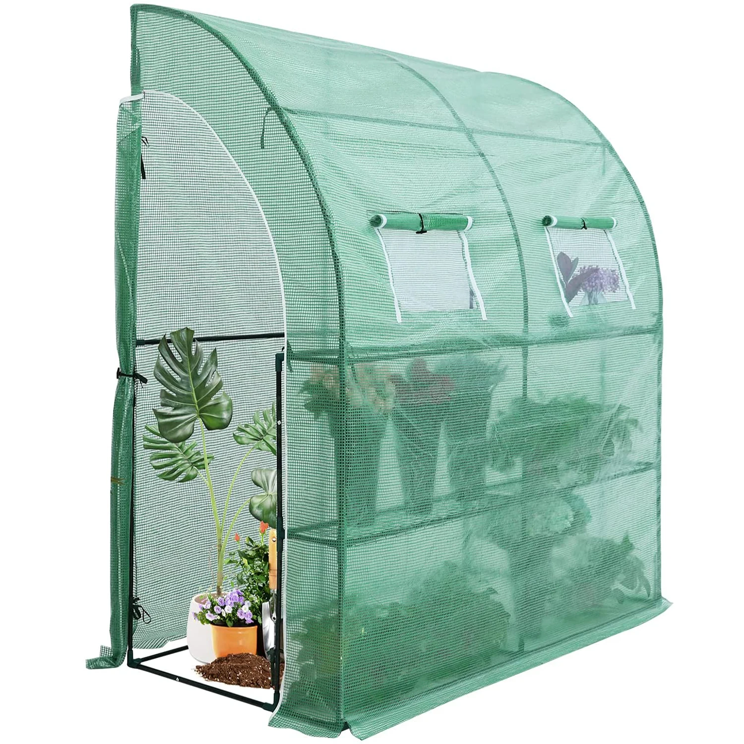 

Lean-to Walk-in Greenhouse, Portable Gardening Greenhouse for Indoor Outdoor with 2 Tier 4 Shelves Green PE Cover(US spot)