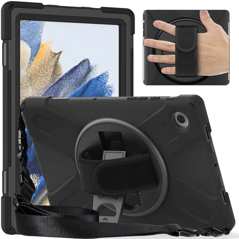 

360 Rotary Stand Case for Samsung Galaxy Tab A8 10.5 SM-X200 X205 X205N Shockproof Cover Holder with Hand Belt Shoulder Strap