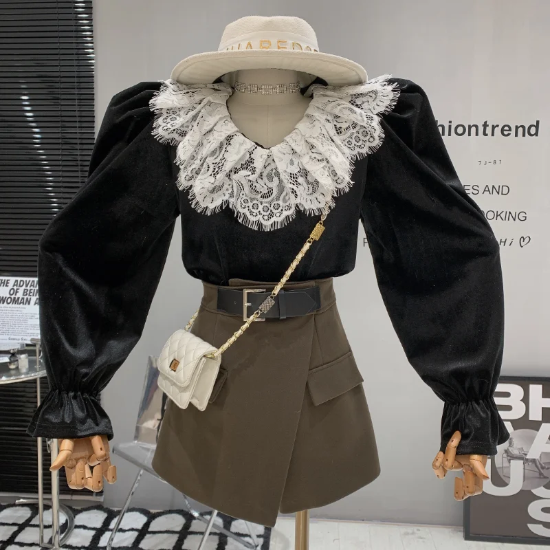 WDMSNA French Retro V-neck Blouse Women Lace Fashion Velvet Long Sleeve Shirt for Women Spring Korean Solid Color Blusas Mujer
WDMSNA French Retro V-neck Blouse Women Lace Fashion Velvet Long Sleeve Shirt for Women Spring Korean Solid Color Blusas Mujer