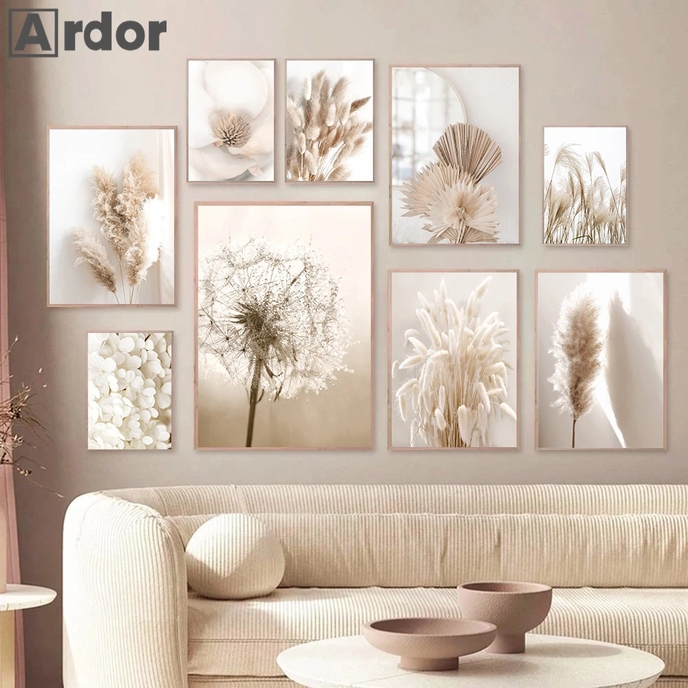 

Beige Pampas Grass Art Painting Dandelion Canvas Print Leaf Reed Poster Flower Art Prints Nordic Wall Pictures Living Room Decor