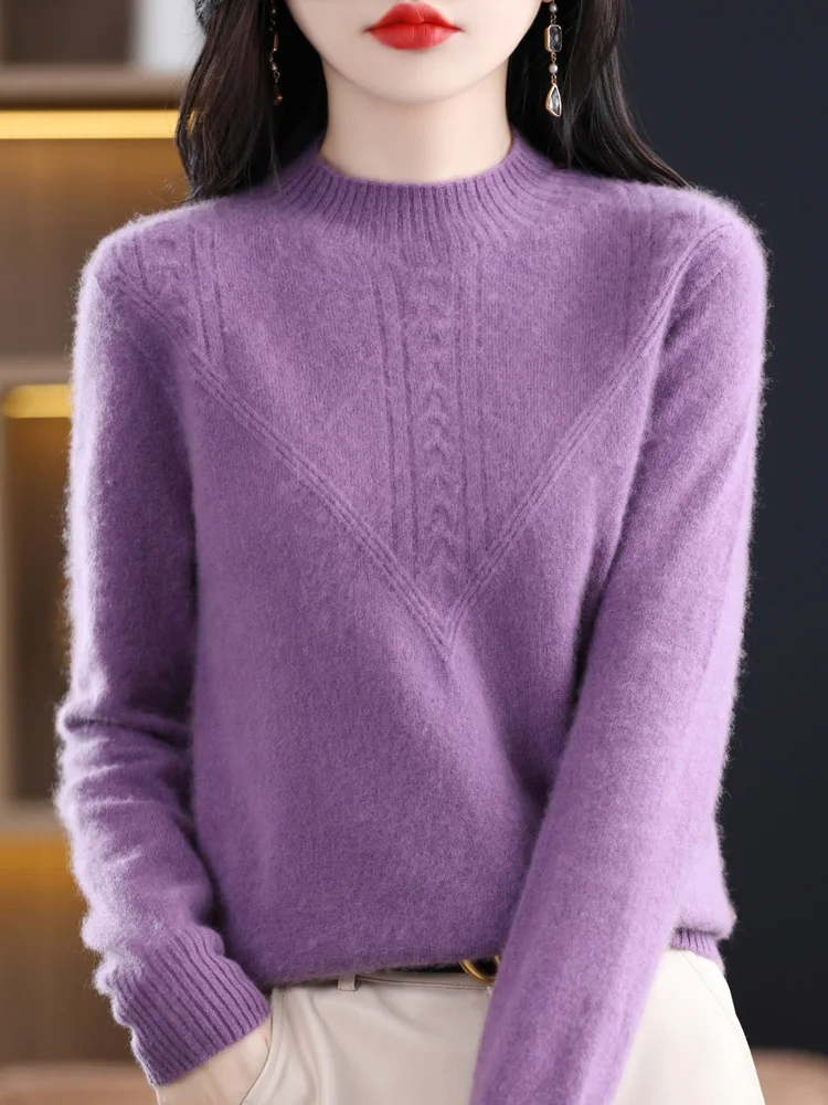 

Women Autumn Winter Basic Mock Neck Pullover Sweater 100% Merino Wool Warm Soft Twist Flower Bottoming Shirt Cashmere Knitwear