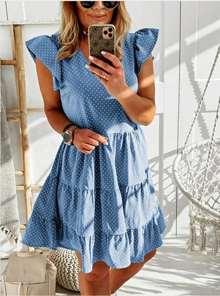 Fashion Women Summer Dot Print Loose A-Line Dress Ruffles Zipper Decor V-Neck Short Sleeve Casual Pullovers Mini Dress
Fashion Women Summer Dot Print Loose A-Line Dress Ruffles Zipper Decor V-Neck Short Sleeve Casual Pullovers Mini Dress