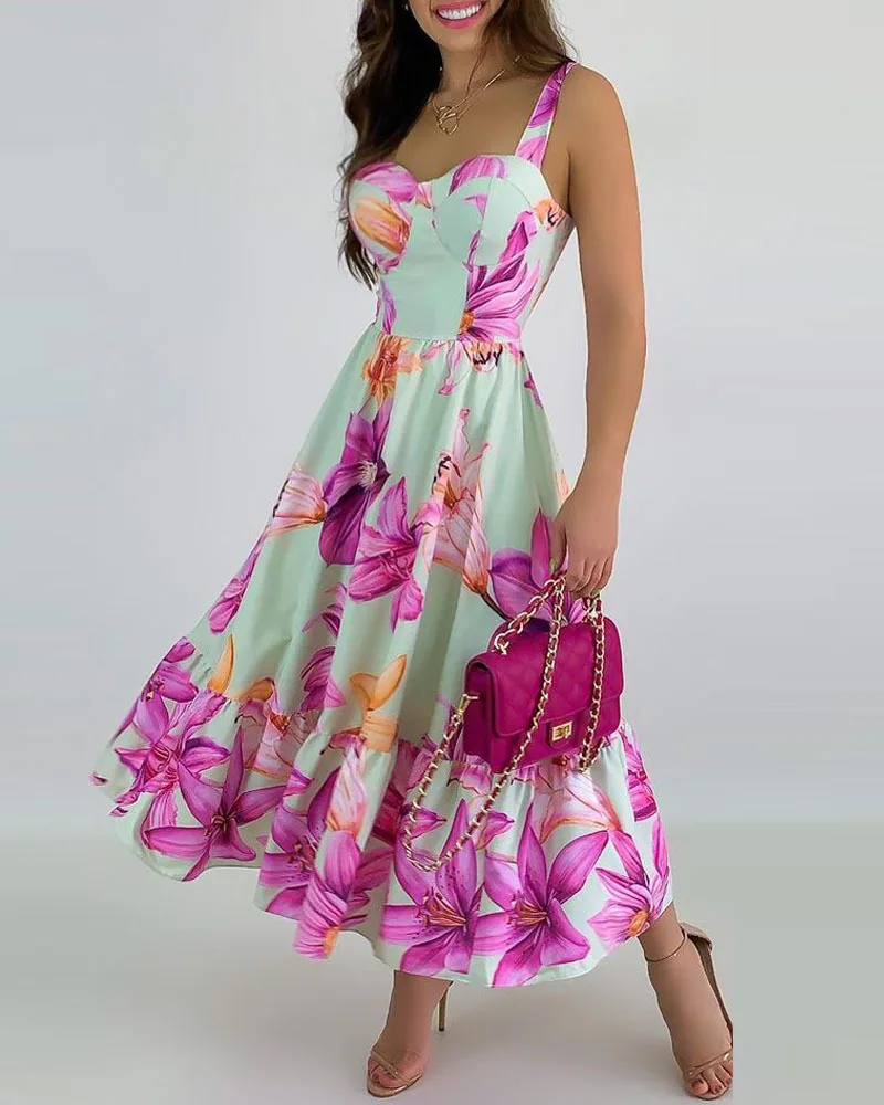 

Printed Mid-length Dress with Breast Cup Neckline Chic Fashion Summer Daily Sexy Fishtail Dress Form-fitting High Style