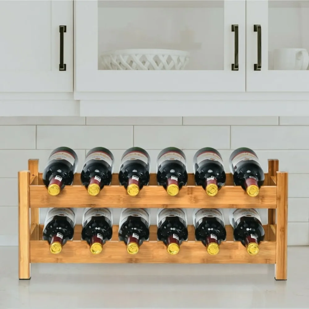 

Wine Bottle Holder Natural 2-Tier Bamboo Wine Rack 12 Bottles Display Storage Shelf Holder Kitchen Free Shipping Barware Dining
