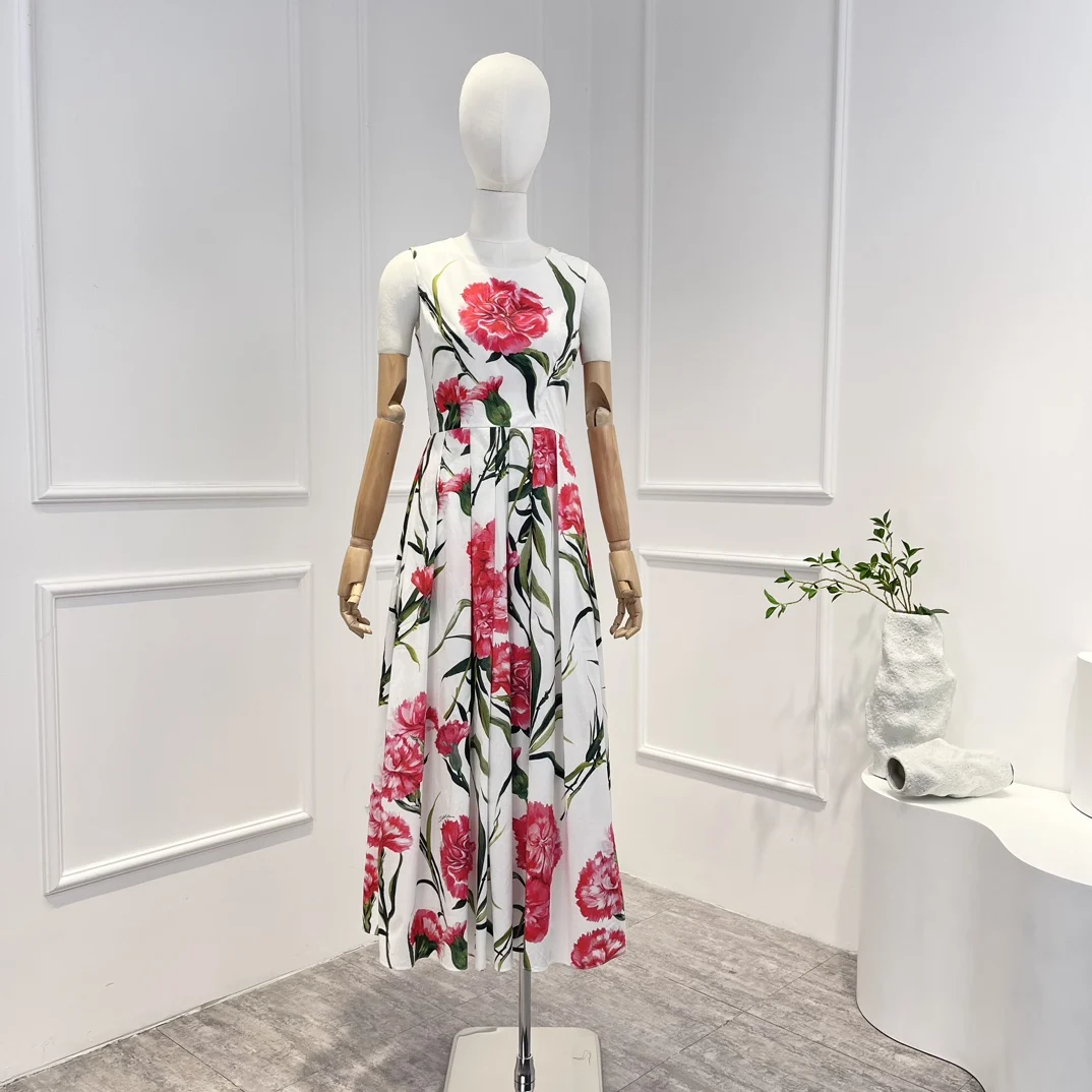 Cotton Top Quality 2023 Latest White Spring Summer Elegant Flower Printing Casual Sleeveless Pleat Woman Midi Dress
Cotton Top Quality 2023 Latest White Spring Summer Elegant Flower Printing Casual Sleeveless Pleat Woman Midi Dress