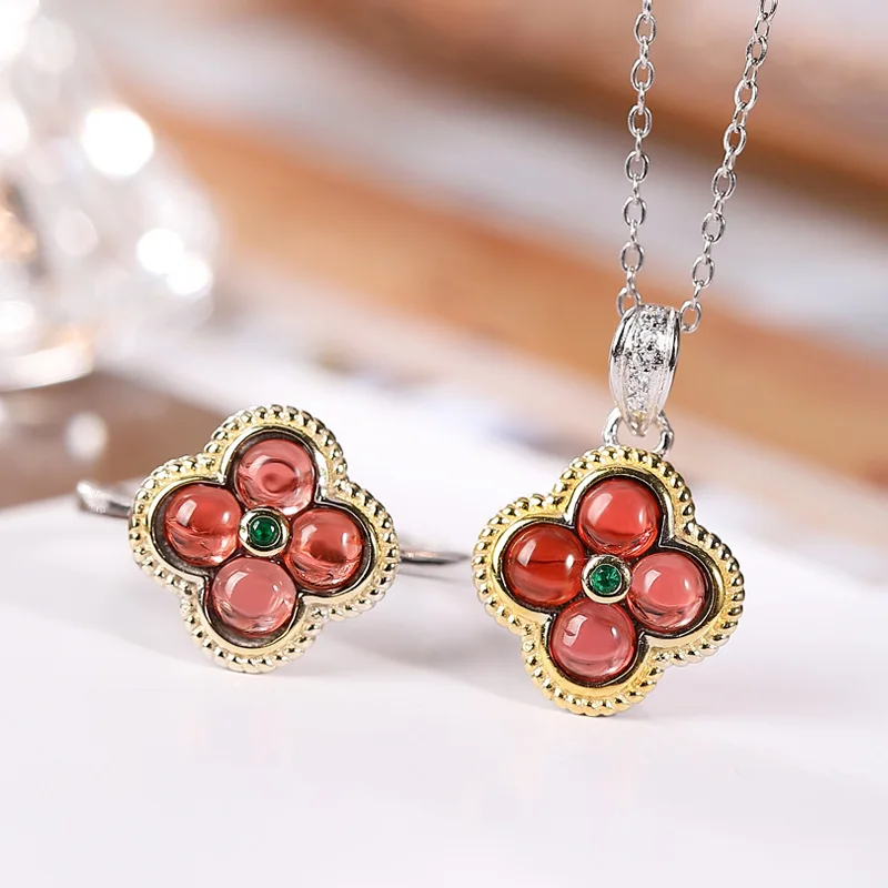 Natural Garnet S925 Sterling Silver Clover Ring Pendant Necklace Fine Wedding Set Jewelry for Women Free Shipping MeiBaPJ FS
Natural Garnet S925 Sterling Silver Clover Ring Pendant Necklace Fine Wedding Set Jewelry for Women Free Shipping MeiBaPJ FS