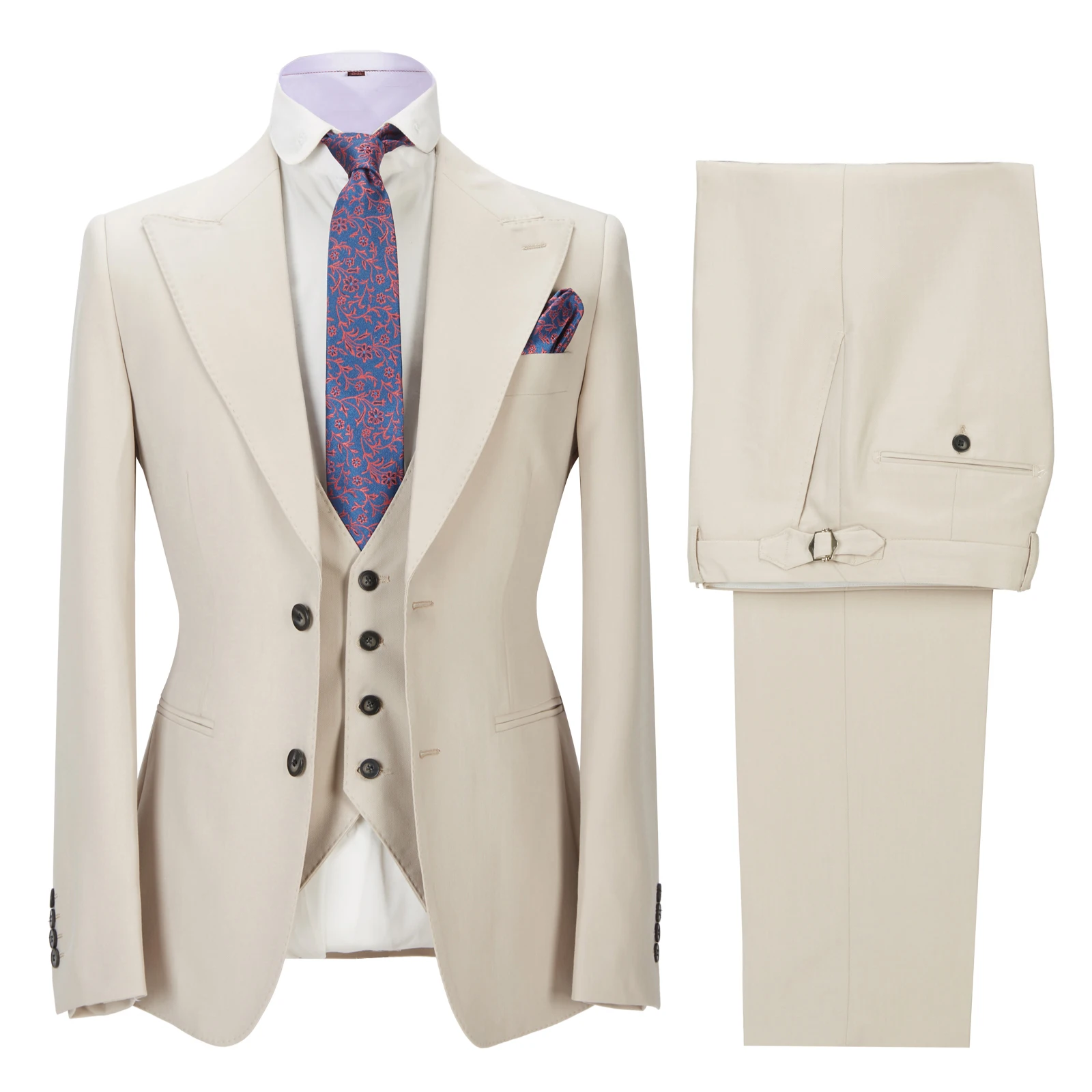 

Мужской однобортный пиджак с лацканами, бежевый деловой повседневный костюм, пиджак для жениха, свадебный смокинг, 3 предмета (Блейзер + жилет + брюки)