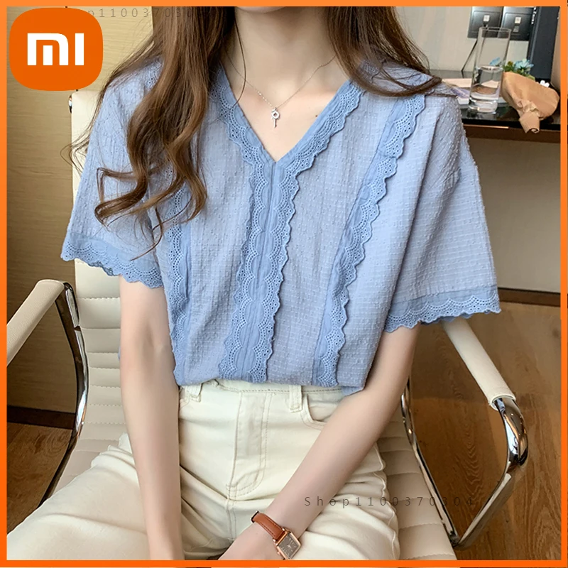Xiaomi Summer New Chiffon Blouses Femme Fashion Sweet Lace Pactwork Short Sleev V Neck Women's Blouse Blusa Feminina Top Mujer
Xiaomi Summer New Chiffon Blouses Femme Fashion Sweet Lace Pactwork Short Sleev V Neck Women's Blouse Blusa Feminina Top Mujer