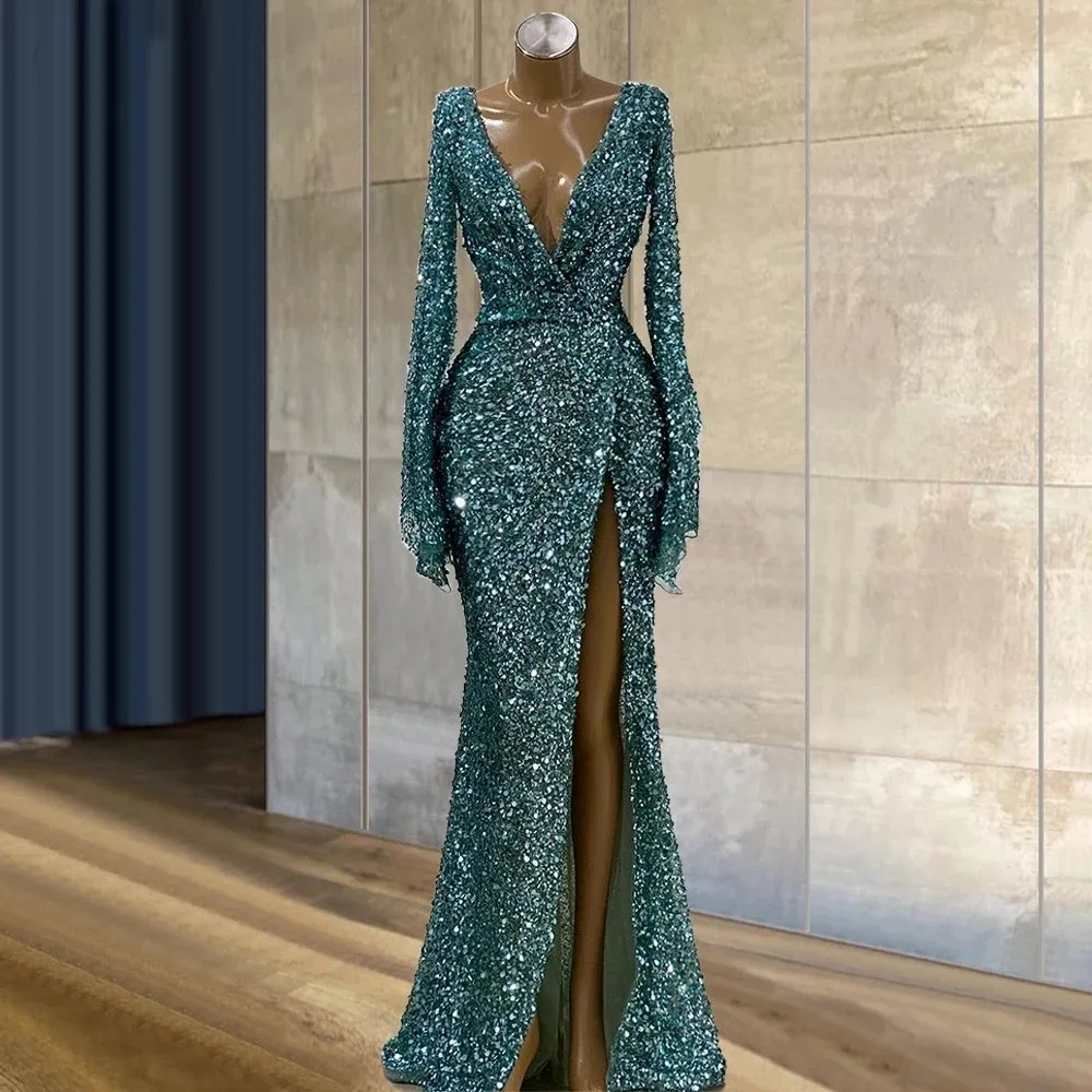 

Deep V Neck Long Sleeves Green Sequined Formal Gown Custom Made Trumpet Long Evening Dresses فساتين السهرة