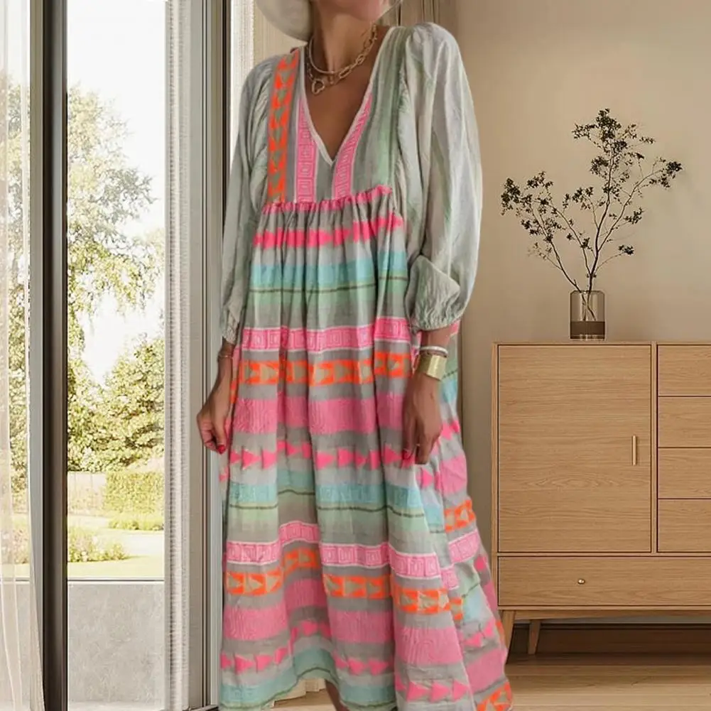Women Spring Dress Bohemian Casual Color Matching V-neck Loose Dress-up Geometric Print Lantern Sleeves Lady Maxi Dress
Women Spring Dress Bohemian Casual Color Matching V-neck Loose Dress-up Geometric Print Lantern Sleeves Lady Maxi Dress