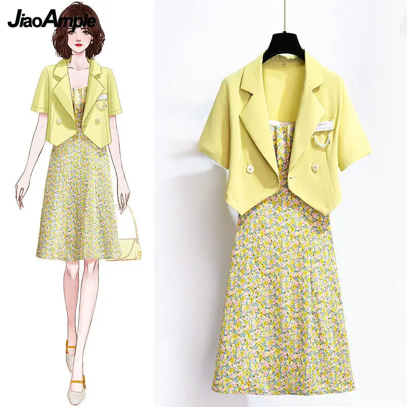 2022 Summer New Fashion Shorts Suit Jacket Floral Suspender Dress Two-piece Korean Women's Elegant Yellow Blazers Midi Skirt Set
2022 Summer New Fashion Shorts Suit Jacket Floral Suspender Dress Two-piece Korean Women's Elegant Yellow Blazers Midi Skirt Set