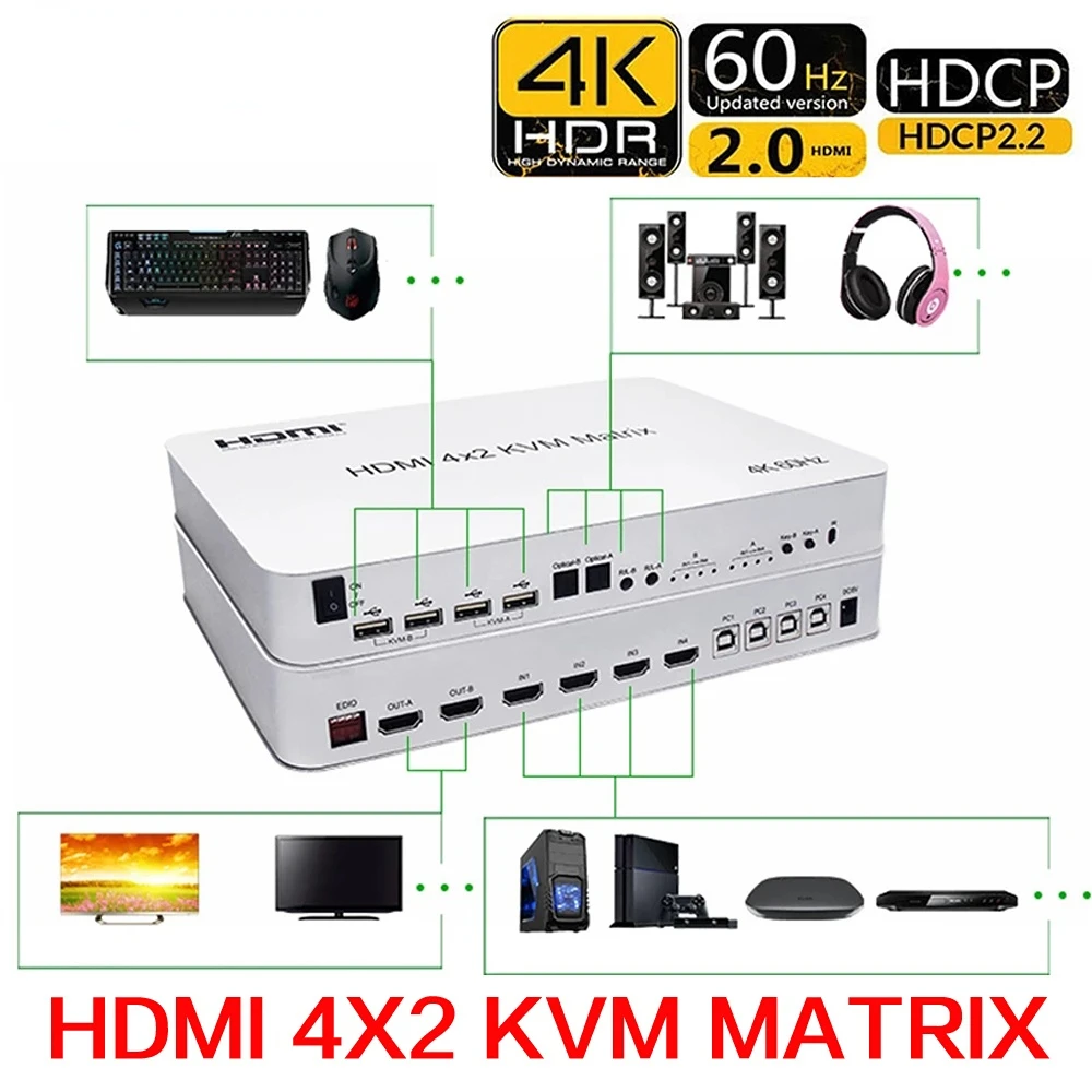 HDMI 2.0 4x2 HDMI KVM Matrix Audio Video Switch Splitter Dual Display 4K 60hz Support 2 USB Mouse Keyboard Control 4 Computer PC
HDMI 2.0 4x2 HDMI KVM Matrix Audio Video Switch Splitter Dual Display 4K 60hz Support 2 USB Mouse Keyboard Control 4 Computer PC