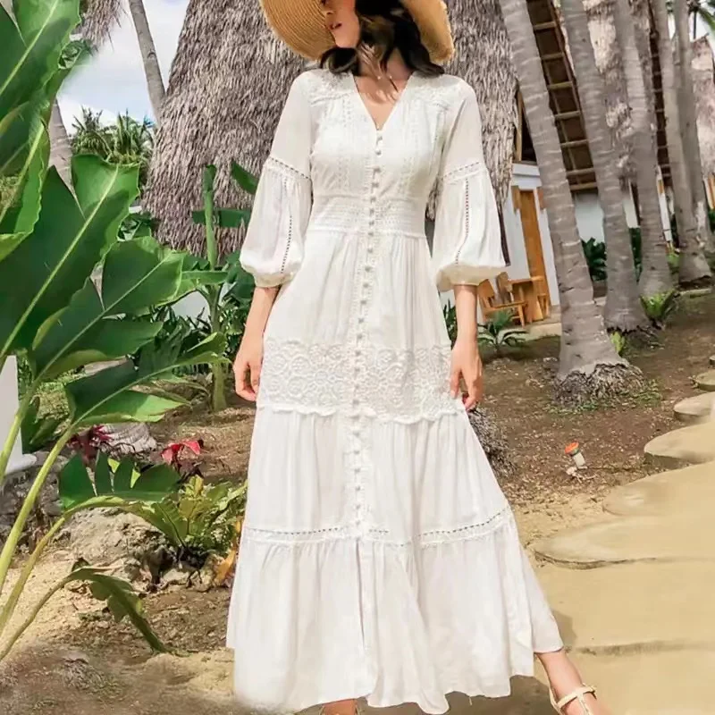 2023 Spring Summer Dress Women Cotton Patchwork Lace Dresses V-Neck Lantern Sleeve White Dress Beach Long Female Vestidos
2023 Spring Summer Dress Women Cotton Patchwork Lace Dresses V-Neck Lantern Sleeve White Dress Beach Long Female Vestidos