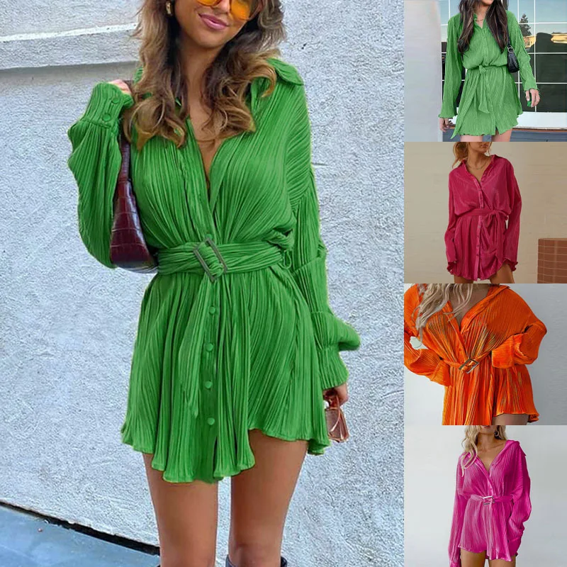 Women Dress Fashion New Temperament Loose Pleated Casual Single Breasted Long Sleeve Mini Short Spring And Summer Lace-up Dress 
Women Dress Fashion New Temperament Loose Pleated Casual Single Breasted Long Sleeve Mini Short Spring And Summer Lace-up Dress