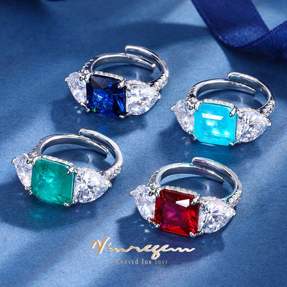 

Vinregem 10*10 MM Lab Created Emerald Ruby Sapphire Paraiba Tourmaline Gemstone Vintage Adjustable Ring for Women Fine Jewelry