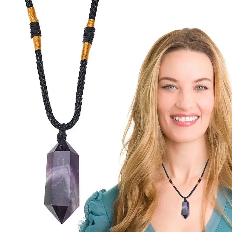 

Amethyst Pendant Natural Gem Stone Quartz Crystal With Braided Rope Healing Hexagonal Pendulum Reiki Charm Pendants For Girls