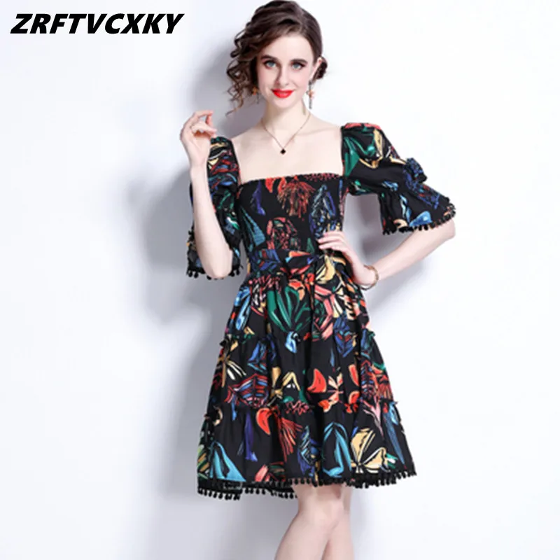 Fashion Flower Printing Women Dresses Summer New Runway Puff Short Sleeve Elastic Waist Mini Dress Female Lace Up Vestidos
Fashion Flower Printing Women Dresses Summer New Runway Puff Short Sleeve Elastic Waist Mini Dress Female Lace Up Vestidos