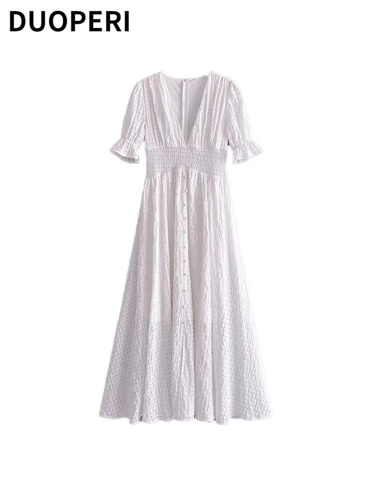 DUOPERI Women Fashion Solid Single Breasted Maxi Dress Vintage V-Neck Short Sleeves Back Zipper Female Chic Lady Long Dresses
DUOPERI Women Fashion Solid Single Breasted Maxi Dress Vintage V-Neck Short Sleeves Back Zipper Female Chic Lady Long Dresses