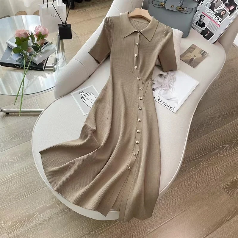 Ladies Summer Short Sleeve Polo Collar Knitted Dress Korean Clothing Long Dresses for Women 2023 Casual Clothes One Pieces New
Ladies Summer Short Sleeve Polo Collar Knitted Dress Korean Clothing Long Dresses for Women 2023 Casual Clothes One Pieces New
