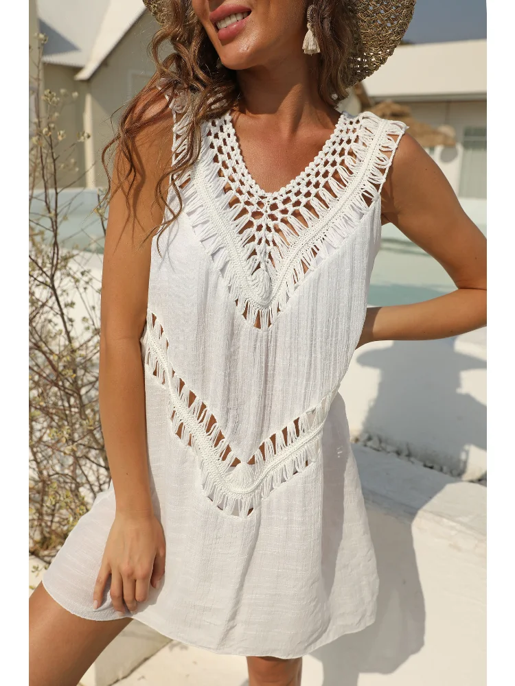 

Summer Dress Women 2023 Hand Crochet Spliced White Dress V-neck Vest Dress A-line Skirt Sexy Beach Dress Beach Bikini Cover-up