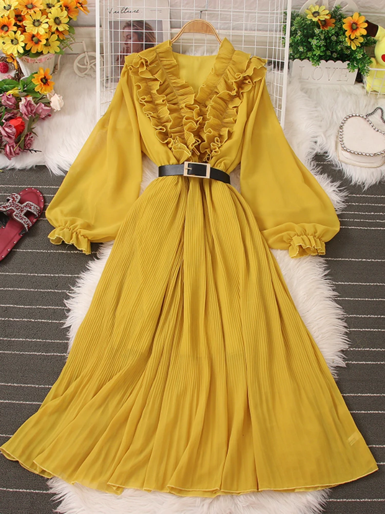 

Женское плиссированное платье Fitaylor, винтажное длинное платье трапециевидной формы с v-образным вырезом, оборками и рукавами-фонариками, вес...