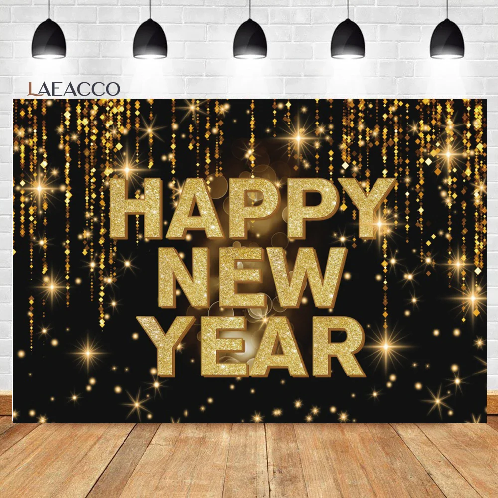 

Laeacco Black And Gold Glitter Happy New Year Photo Background Dreamy Light Bokeh Stars Kids Adult Portrait Photography Backdrop