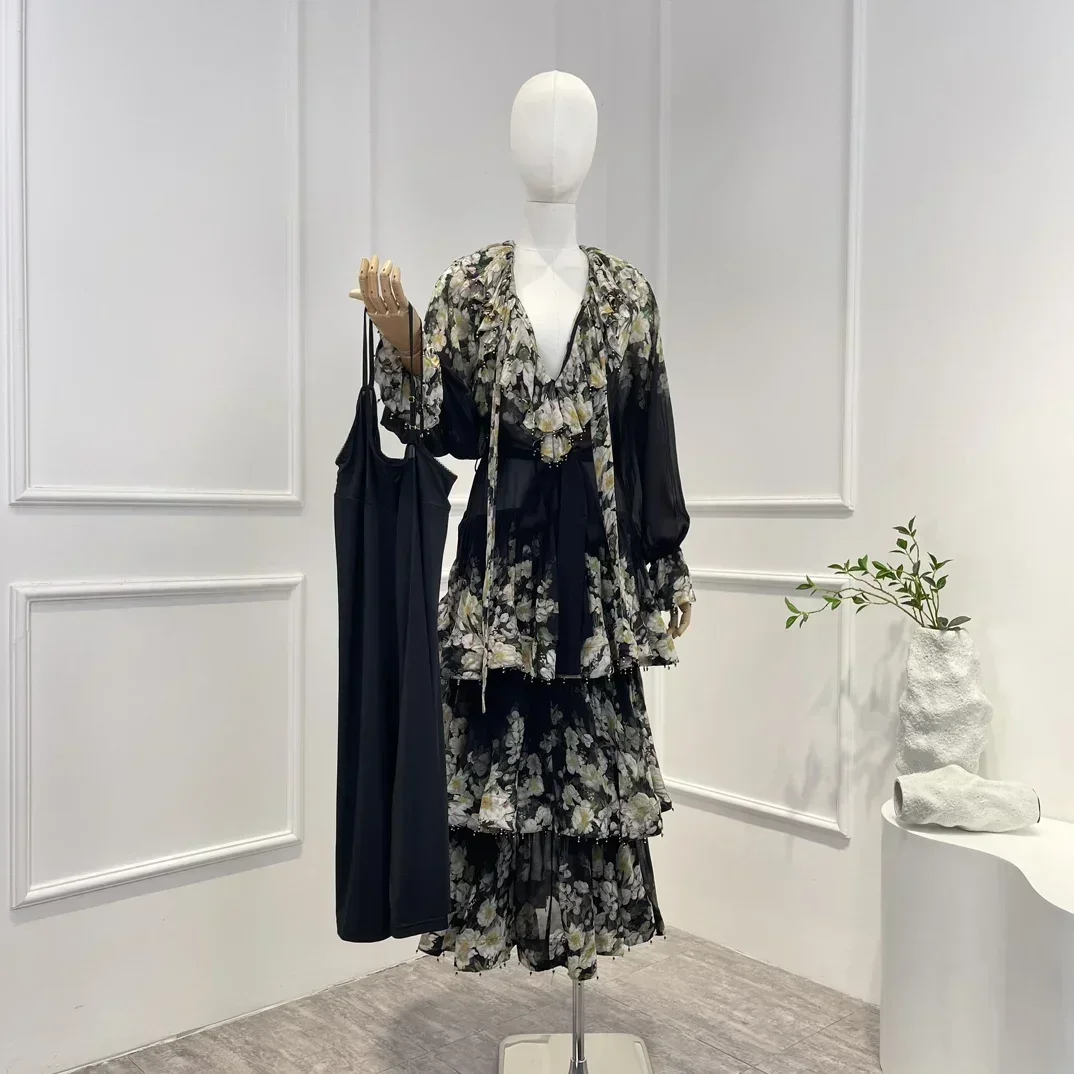 

Женское винтажное платье миди, черное платье с цветочным принтом, длинным рукавом и складками, лето 2023