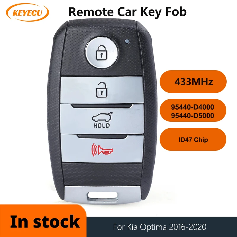 KEYECU 1/3pcs 95440-D4000, 95440-D5000 Smart Remote Key Fob 4 Buttons 433Mhz for Kia Optima 2016 2017 2018 2019 2020 SY5JFFGE04
KEYECU 1/3pcs 95440-D4000, 95440-D5000 Smart Remote Key Fob 4 Buttons 433Mhz for Kia Optima 2016 2017 2018 2019 2020 SY5JFFGE04