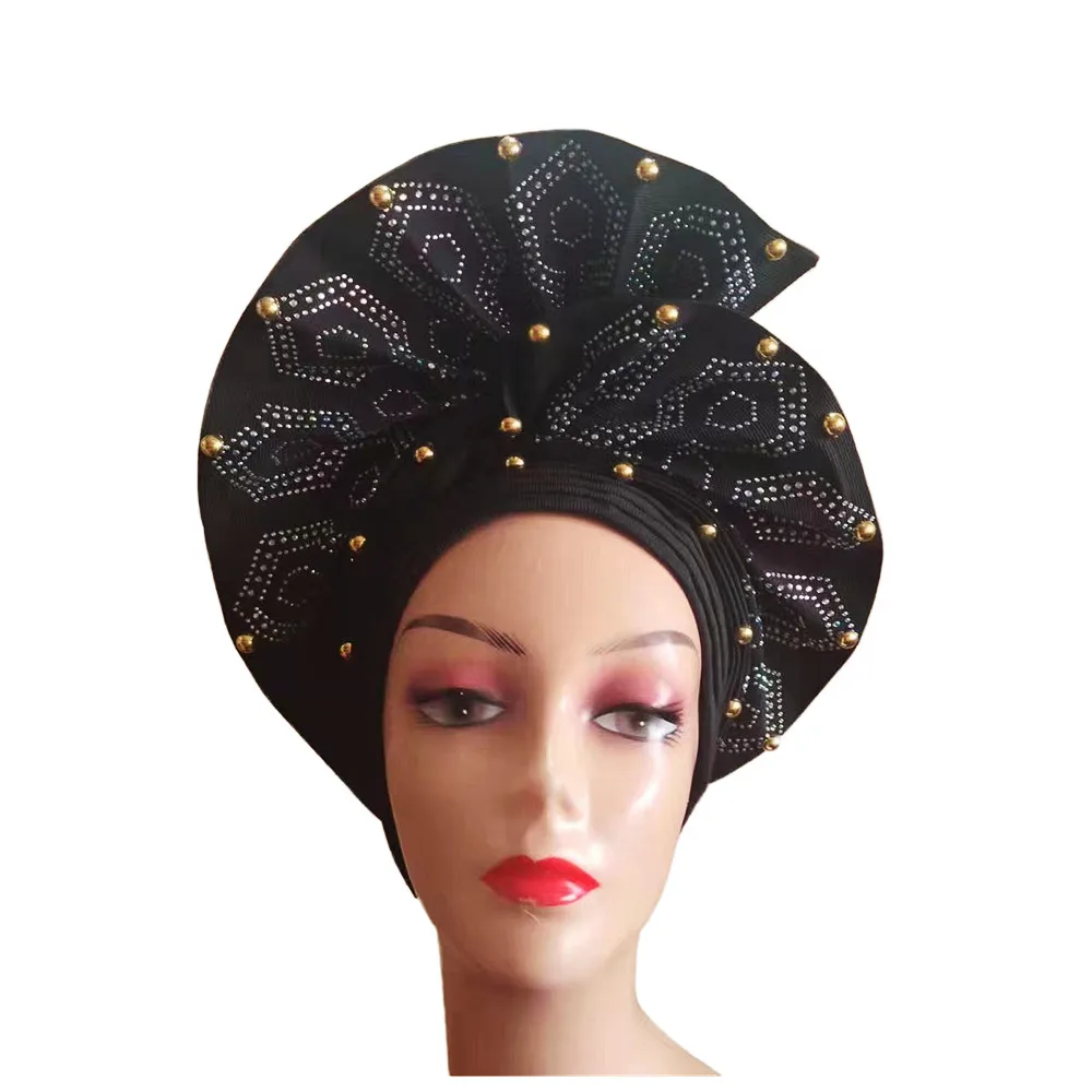 

Newest African Fabric ASO OKE Nigerian Gele Headtie With Stones Beads Turban Femme Head Wrap Already Made High Quality 1pcs/pack