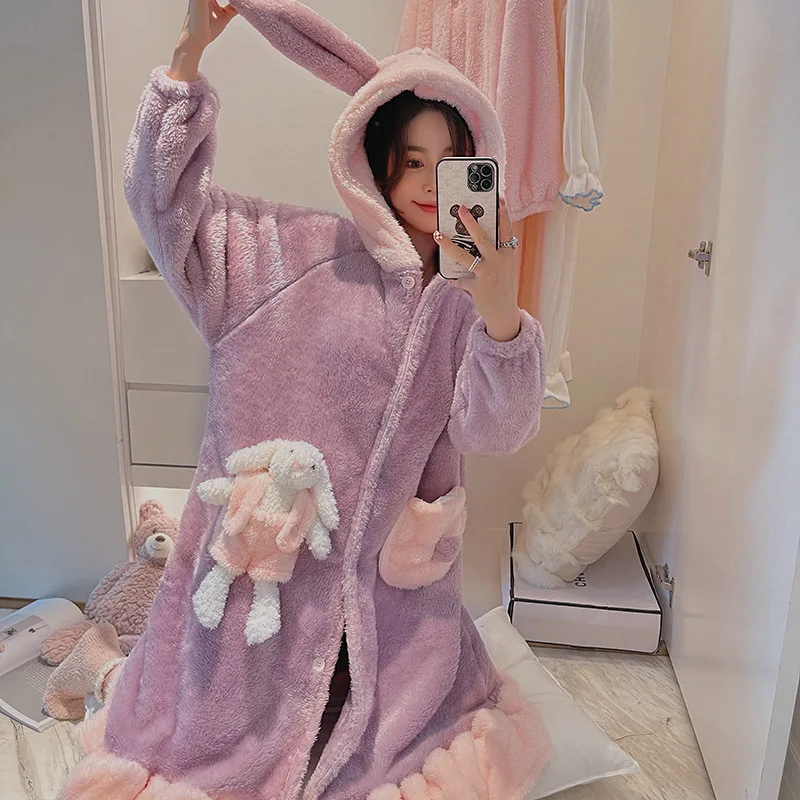 

Winter Thick Coral Flannel Pajamas for Women Hooded Kawaii Rabbit Bunny Ears Thick Warm Cute Sleepwear Loose Pyjamas Robes