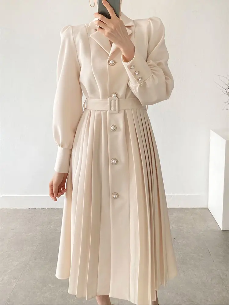 Elegant Women Spring Notched Collar Suit Single-breasted Office Lady Full Sleeve High Waist Female Pleated Midi Dress
Elegant Women Spring Notched Collar Suit Single-breasted Office Lady Full Sleeve High Waist Female Pleated Midi Dress