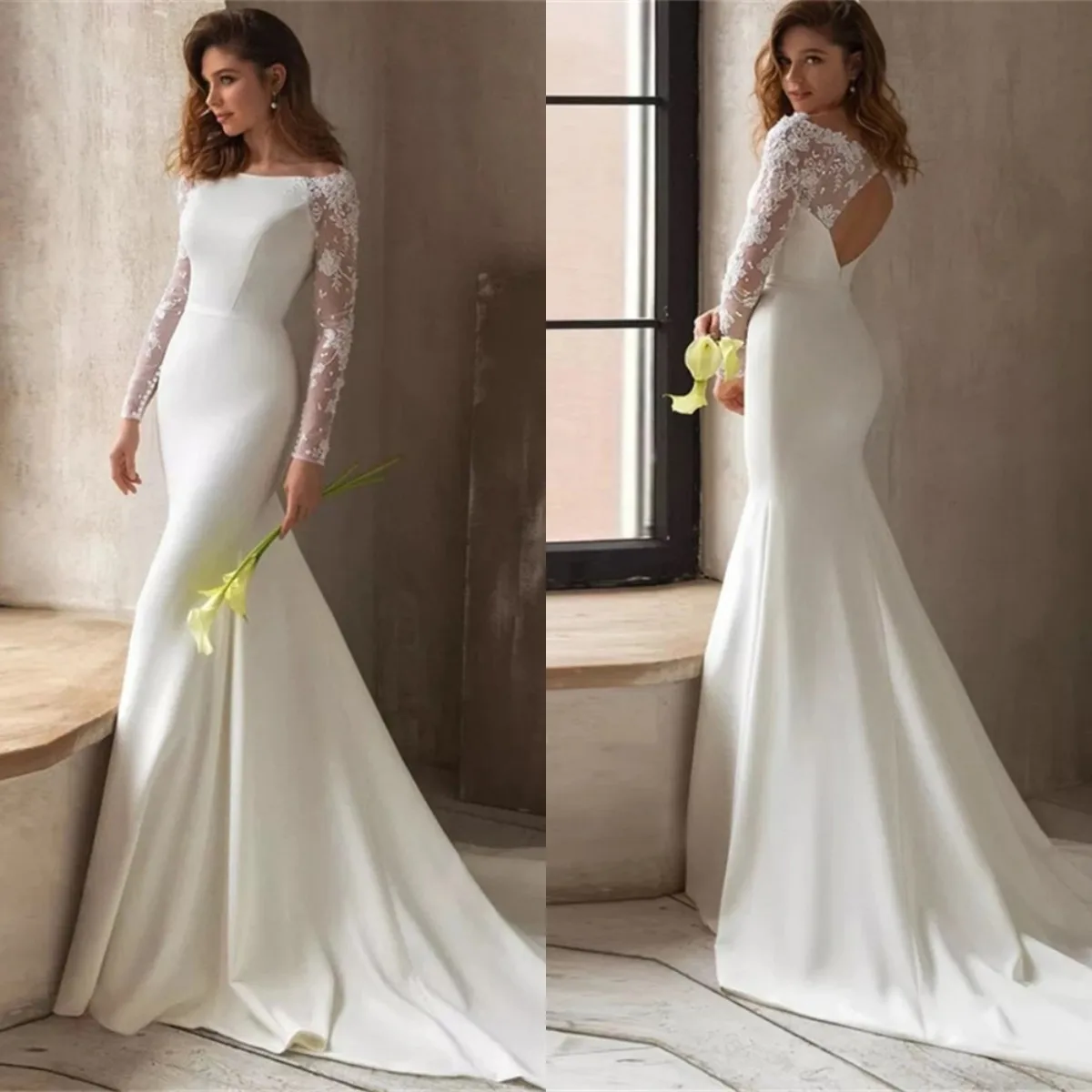 Lace Long Sleeve Mermaid Wedding Dress Boat Neck Bridal Gown For Women Sexy Open Back Wedding Gown Real Photos Sweep Train
Lace Long Sleeve Mermaid Wedding Dress Boat Neck Bridal Gown For Women Sexy Open Back Wedding Gown Real Photos Sweep Train