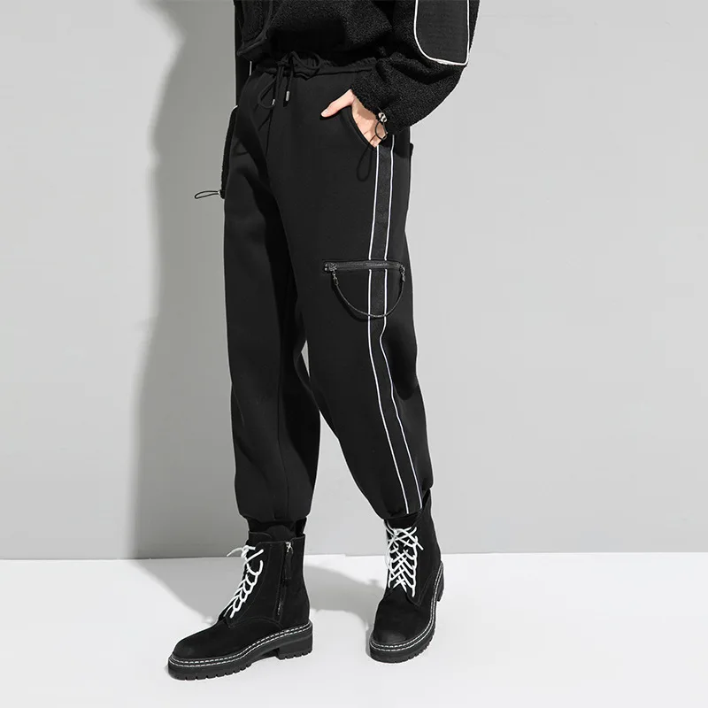 

Winter Women Sweatpants Thickened Vevelt Warm Casual Trousers Loose Stretch Polar Fleece White Strip Zip Pocket Ankle-tied Pants