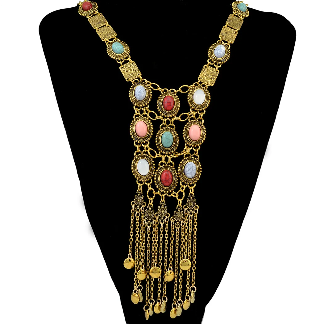

Boho Multi-layer Long Necklace For Women Fashion Charm Gem Tassel Pendant Choker Exaggerated Female Sexy Accessories Jewelry