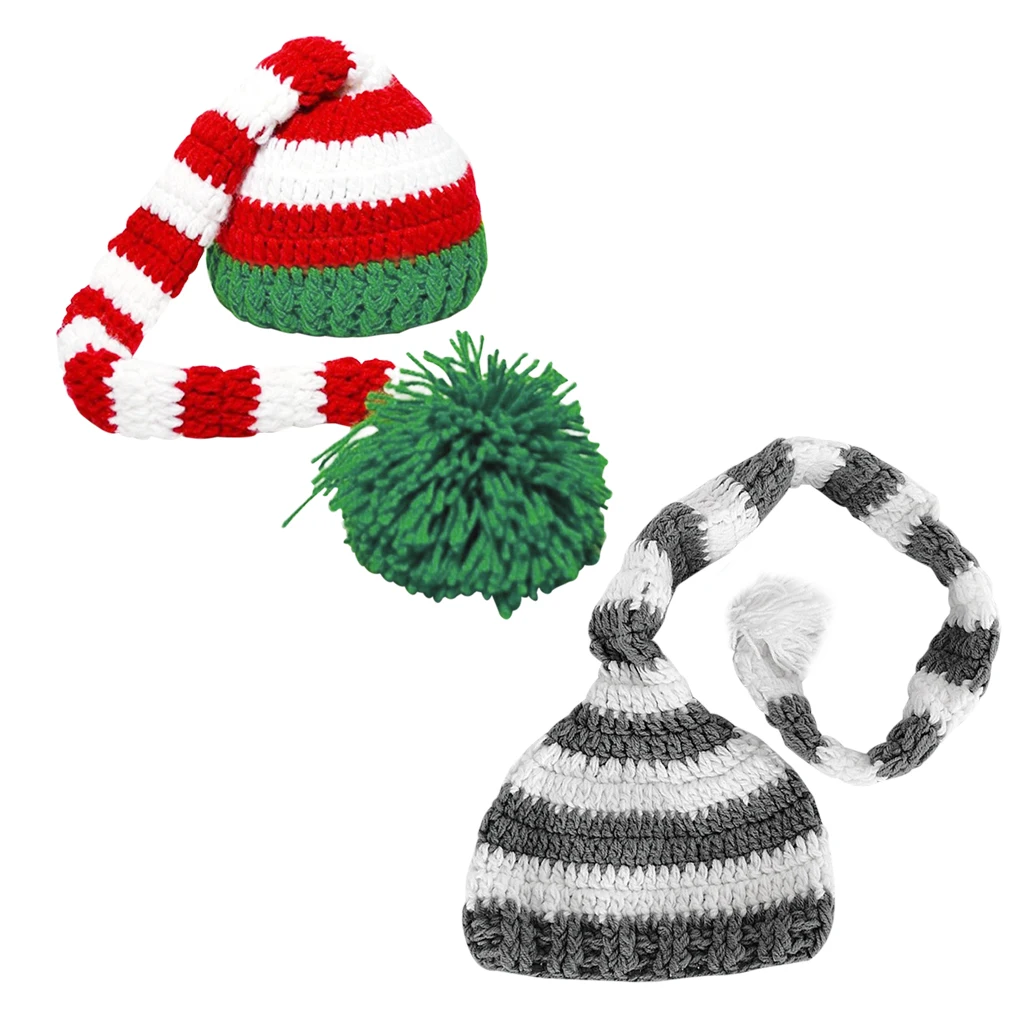 

Рождественская Детская шапка, реквизит для фотографии, шапка для новорожденных, плюшевая вязаная шапка ручной работы с длинным хвостом, детская шапка с серыми краями