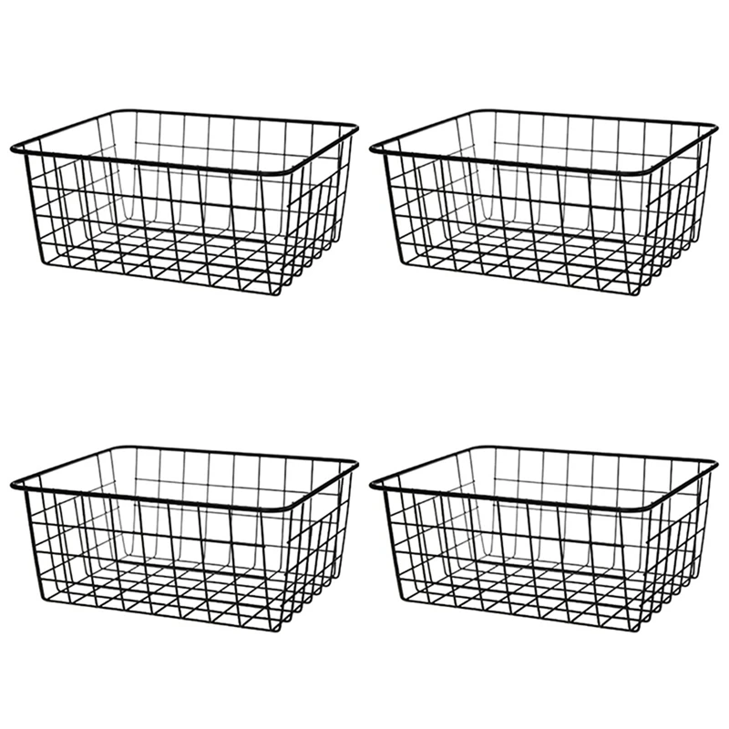 

4X Hollow Iron Wired Basket, Storage Baskets Metal Basket Without Interlining Bathroom Kitchen Organizer Black