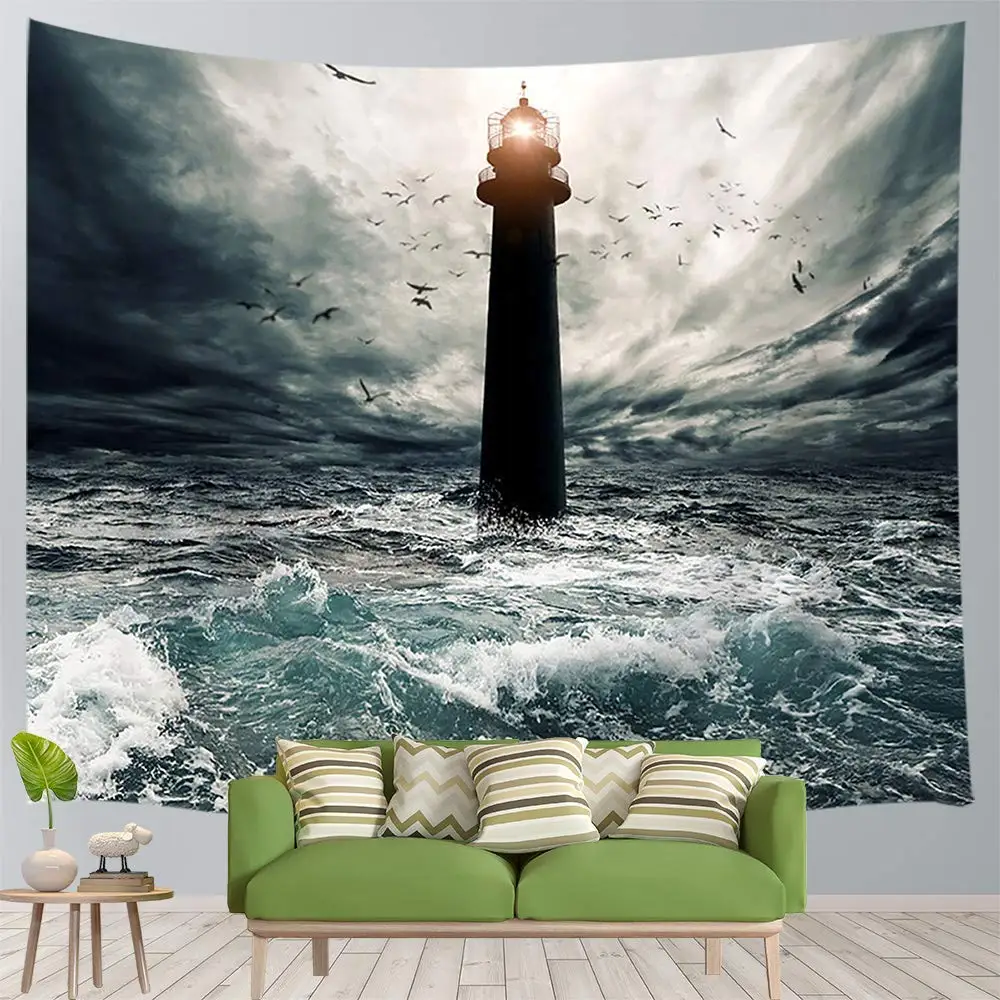 

Lighthouse Tapestry Ocean Wall Hanging Storm Sea Waves Art Nature Disaster Tapestries Living Room Bedroom Dorm Room Home Decor