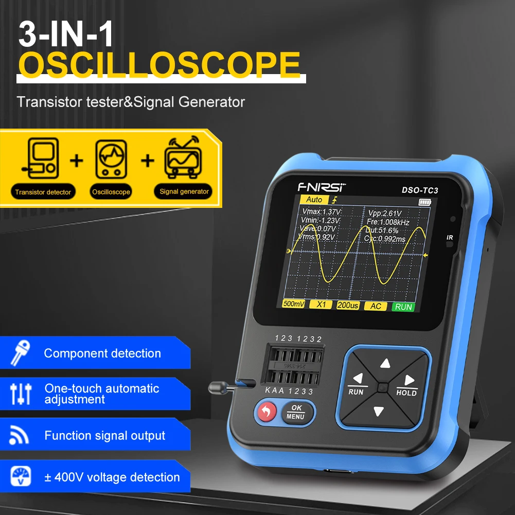 Handheld Digital Oscilloscope 2.4inch Display ransistor Tester Signal Generator Infrared Decoding Digital Scope Meter with Probe
Handheld Digital Oscilloscope 2.4inch Display ransistor Tester Signal Generator Infrared Decoding Digital Scope Meter with Probe