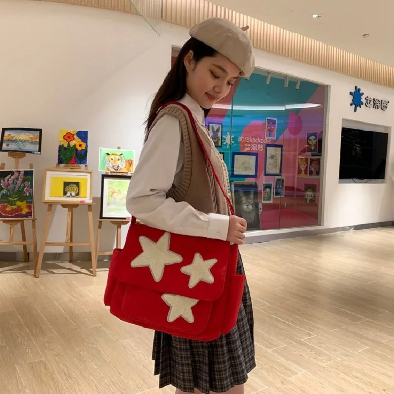 

Cute College Style Postman Bag Women's Large Capacity Five Point Star Canvas Bag Classroom Bag Commuter Bag One Shoulder Bag
