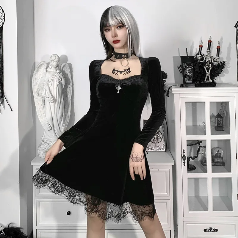 Goth Vintage Black Mini Dress Aesthetic Elegant Cross High Waist Dress Streetwear Long Sleeve Bodycon Partywear Party Dresses
Goth Vintage Black Mini Dress Aesthetic Elegant Cross High Waist Dress Streetwear Long Sleeve Bodycon Partywear Party Dresses