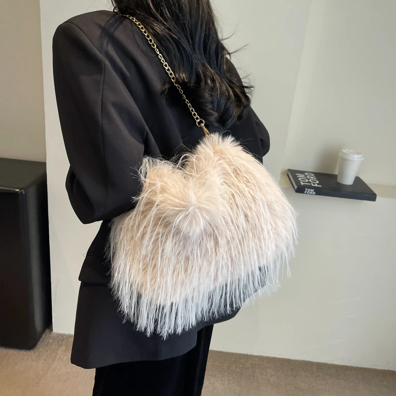 

New Fashion Women Lady Soft Cute Furry Tassels Chain Luxury Design Handbag Totes Satchel Shoulder Bag Party Purse Crossbody Bag